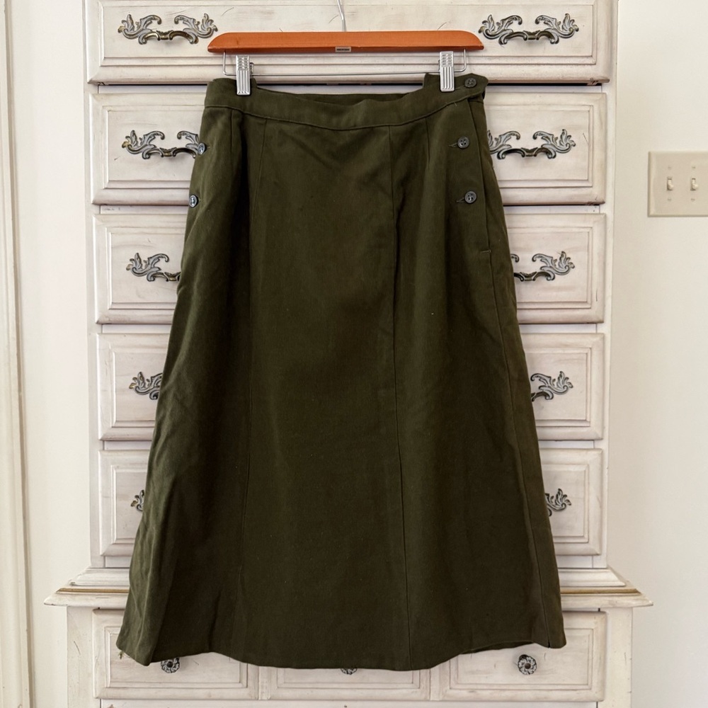 Vintage Olive Green Wool Button Midi Skirt